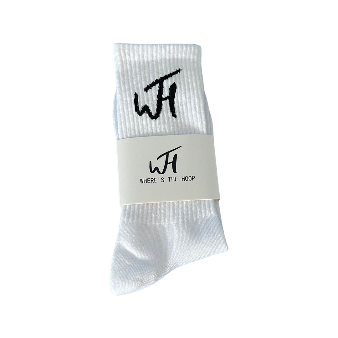 Black WTH Logo on white socks folded in packaging